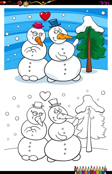 Dibujos Animados Ilustración Personajes Divertidos Muñeco Nieve Amor Para Colorear — Vector de stock