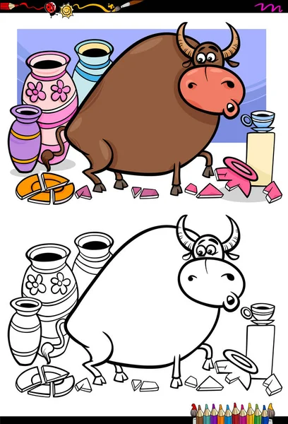 Cartoon Illustration Funny Bull China Shop Coloring Book Activity - Stok Vektor