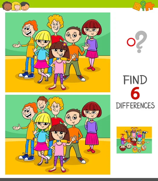 卡通插图发现六个差异之间的儿童和青少年组的儿童图片教育游戏 — 图库矢量图片