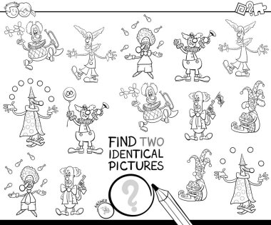 Siyah ve beyaz çizgi film illüstrasyon iki özdeş resimleri boyama kitabı komik palyaço karakterlerle çıkarmaya için eğitici bir oyun bulma
