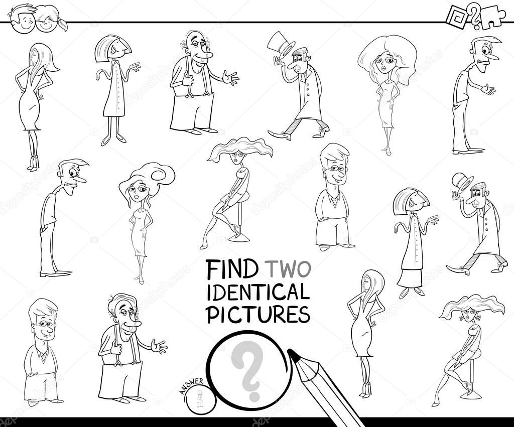 Black and White Cartoon Illustration of Finding Two Identical Pictures Educational Game for Children with Funny People Characters Coloring Book