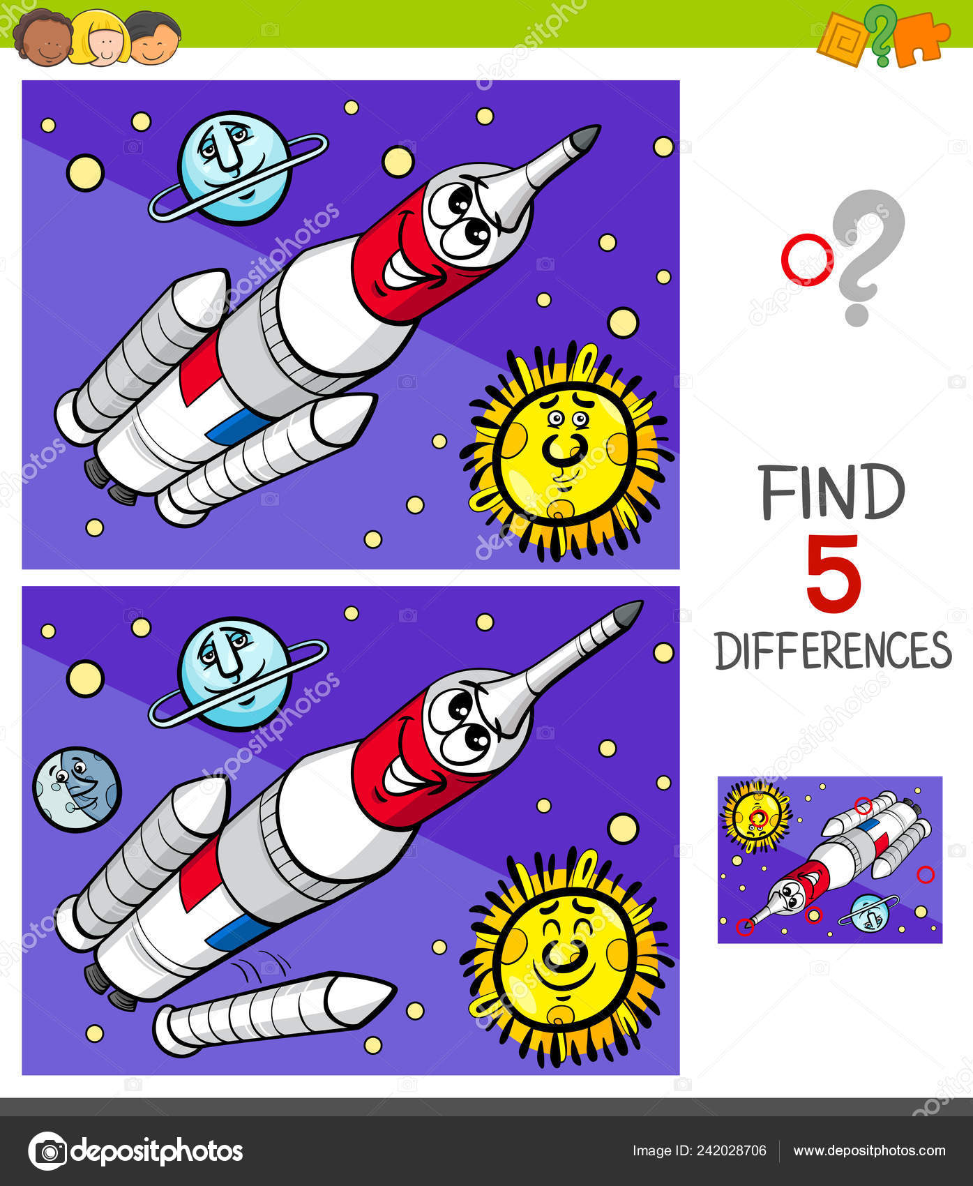 Jogo Infantil Encontrar Diferenças E Página De Colorir Imagem Colorida No  Tema Espacial Dos Desenhos Animados Nave Espacial Lançamento De Foguete  Decola Da Superfície Do Quebra-cabeça Da Lua Para Crianças Design De