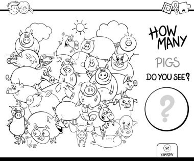 Siyah ve beyaz karikatür çizimi domuz çiftlik hayvan karakter boyama kitabı ile eğitim sayım etkinlik oyunu