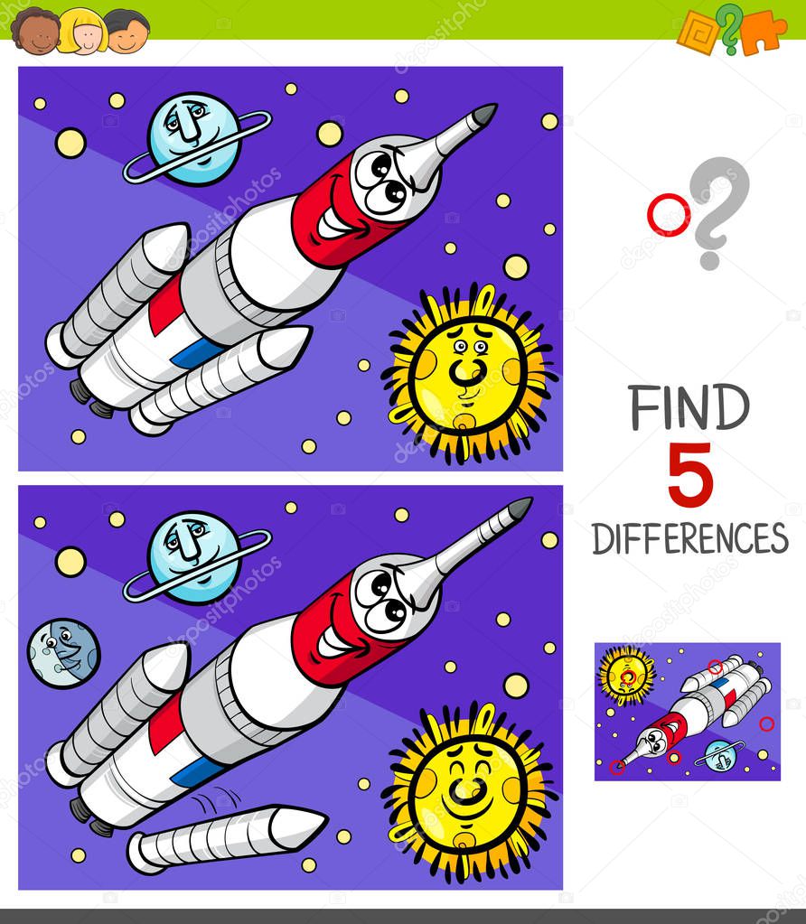 Cartoon Illustration of Finding Five Differences Between Pictures Educational Game for Children with Space Rocket