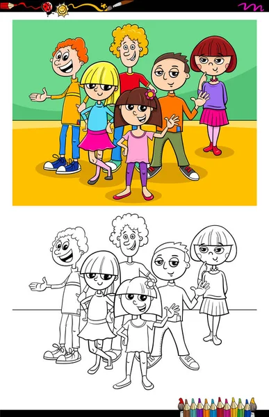 Cartoon Illustration Children Teens Characters Group Coloring Book Activity — Stock Vector