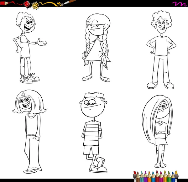 黑白卡通插图的青少年和儿童人物设置着色书 — 图库矢量图片