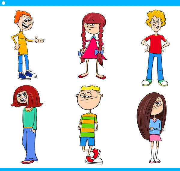 漫画の面白い顔の子供と十代の若者たちのイラスト セット — ストックベクタ