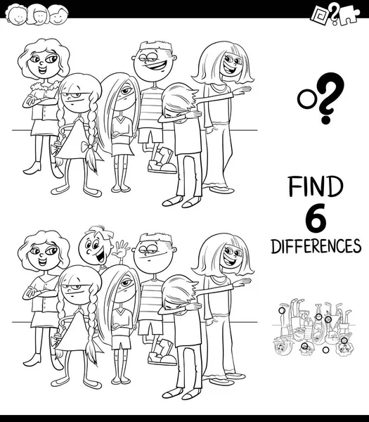 黑色和白色的卡通插图发现六个差异图片教育游戏的儿童或青少年团体着色书 — 图库矢量图片
