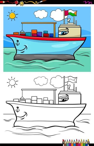 Kreslený Obrázek Charakteru Legrační Kontejnerová Loď Moři Obarvení Kniha Aktivit — Stockový vektor