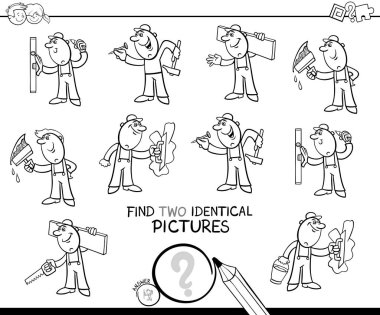Siyah ve beyaz çizgi film illüstrasyon iki özdeş resimleri komik işçi ve iş boyama kitabı, inşaatçılar ile çıkarmaya için eğitici bir oyun bulma
