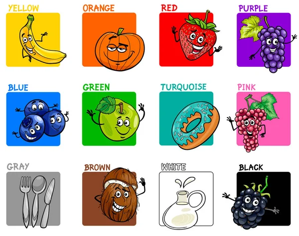 Komik Meyve Gıda Nesne Karakterleri Eğitim Seti Ile Temel Renkler — Stok Vektör