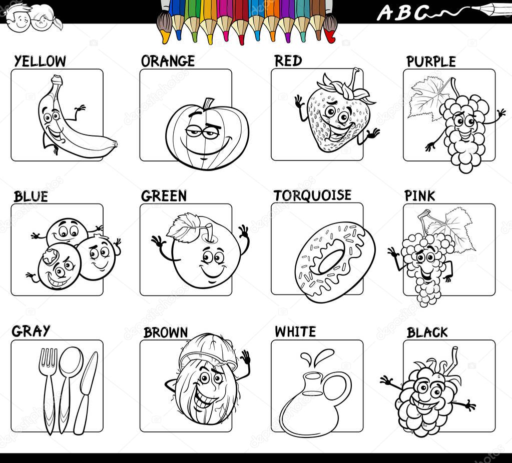 Black and White Cartoon Illustration of Basic Colors with Funny Fruits and Food Object Characters Educational Set Color Book