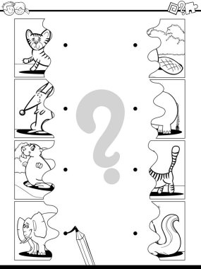 Siyah ve beyaz eğitim resim eşleme oyunu Jigsaw bulmacalar komik vahşi hayvanlar çalışma sayfasının olan çocuklar için çizgi film gösterimi
