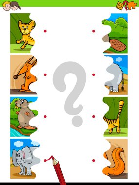 Cartoon Illustration of Educational Pictures Matching Game for Children with Jigsaw Puzzles of Funny Wild Animals clipart