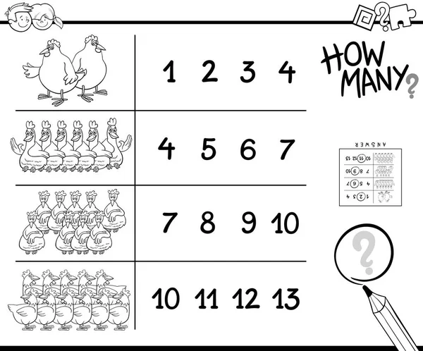 Schwarzweiß Cartoon Illustration Der Pädagogischen Zählaktivität Für Kinder Mit Hühner — Stockvektor