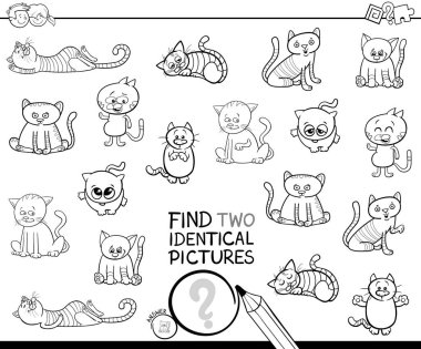 Siyah ve beyaz çizgi film illüstrasyon Cats ve yavru kedi hayvan karakter boyama kitabı olan çocuklar için eğitici bir oyun iki özdeş resimleri bulma