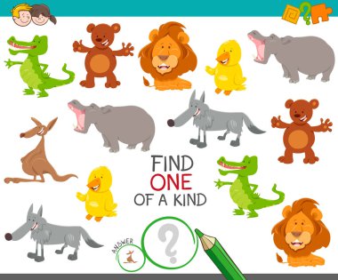 Cartoon Illustration of Find One of a Kind Picture Educational Activity Game with Cute Wild Animal Characters clipart