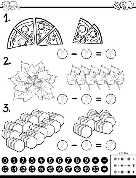 Illustration Dessin Animé Noir Blanc Tâche Puzzle Soustraction Mathématique Éducative — Image vectorielle