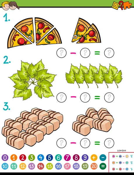 Cartoon Illustration Der Mathematischen Subtraktionsaufgabe Für Kinder Mit Objekten — Stockvektor