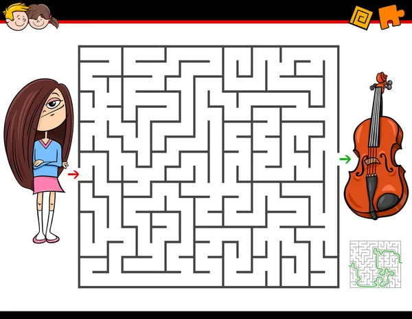 Cartoon Illustration Education Maze Labyrinth Activity Game Children Girl Violin — Stock Vector