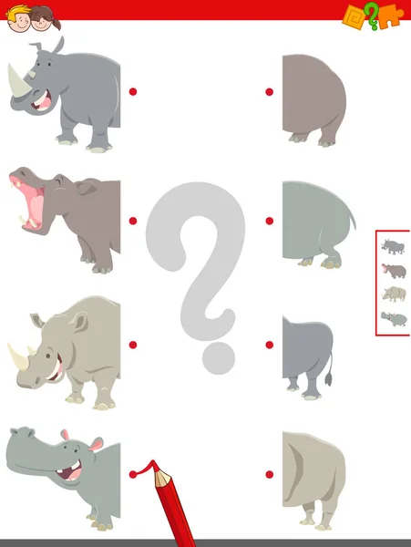 Tecknad Illustration Pedagogiska Spelet Matchande Halvor Söta Flodhästar Och Noshörningar — Stock vektor