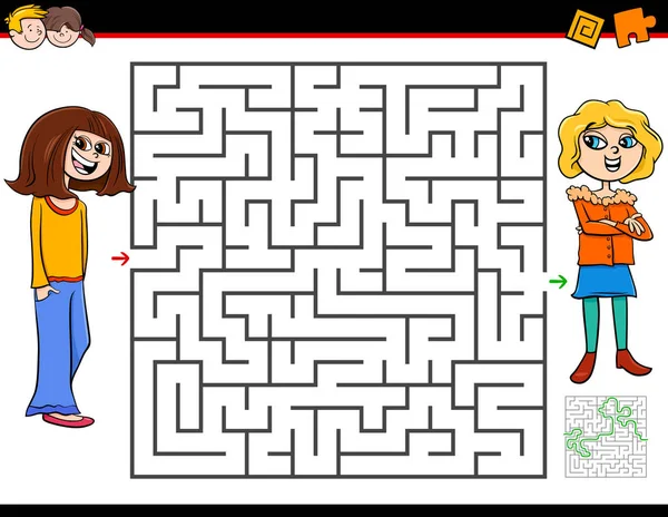 女童及其好友教育迷宫或迷宫活动游戏的卡通画 — 图库矢量图片