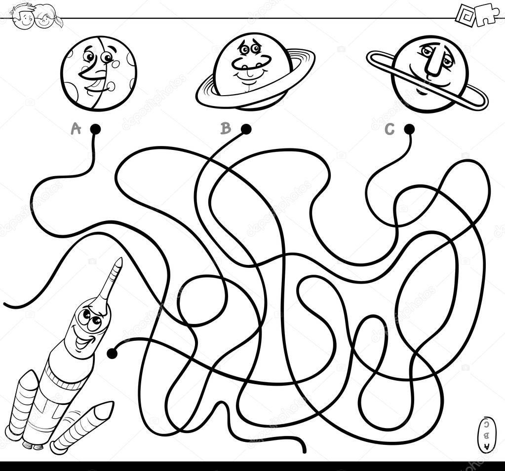 Black and White Cartoon Illustration of Paths or Maze Puzzle Game with Space Rocket and Planets Coloring Book