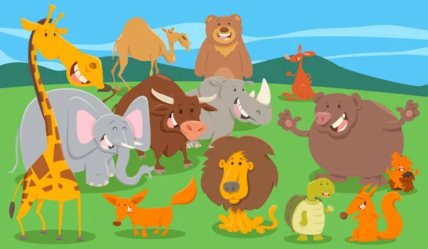 Illustration Dessins Animés Happy Animal Characters Group Wild — Image vectorielle