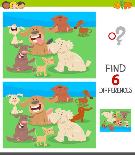 卡通插图发现六个差异的图片教育游戏的儿童与有趣的狗动物的性格 — 图库矢量图片