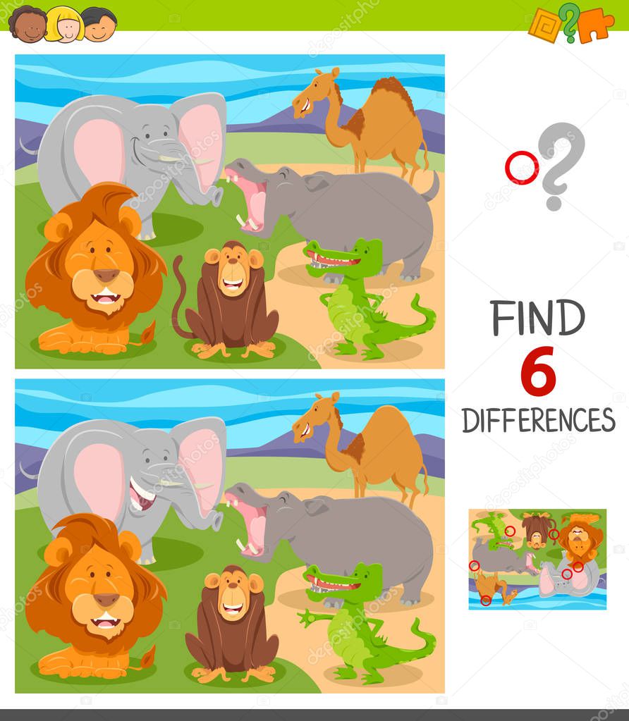 Cartoon Illustration of Finding Six Differences Between Pictures Educational Game for Children with Funny Wild Animal Characters