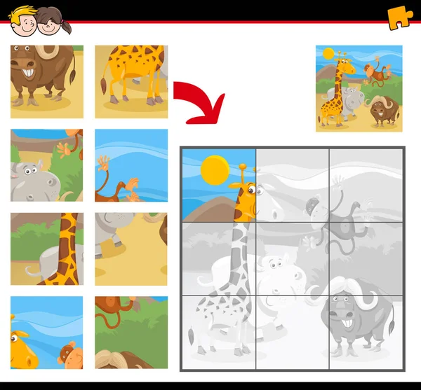 Ilustracja Kreskówka Grze Działania Edukacyjne Puzzle Układanki Dla Dzieci Dzikich — Wektor stockowy