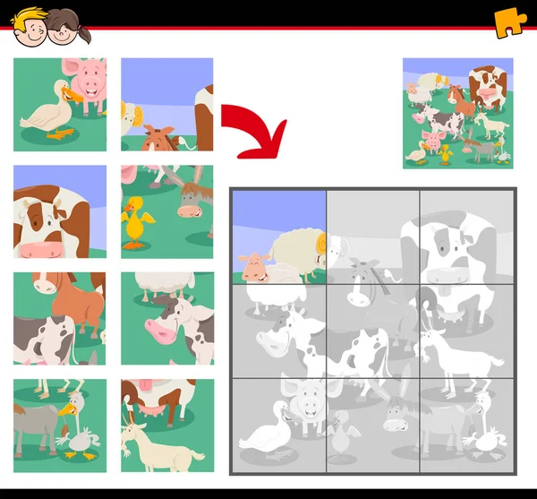 Cartoon Illustration Educational Jigsaw Puzzle Game Kids Farm Animals — Stock Vector