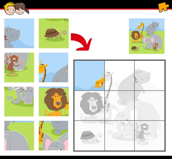 Cartoon Illustration Educational Jigsaw Puzzle Game Children Funny Wild Animals - Stok Vektor