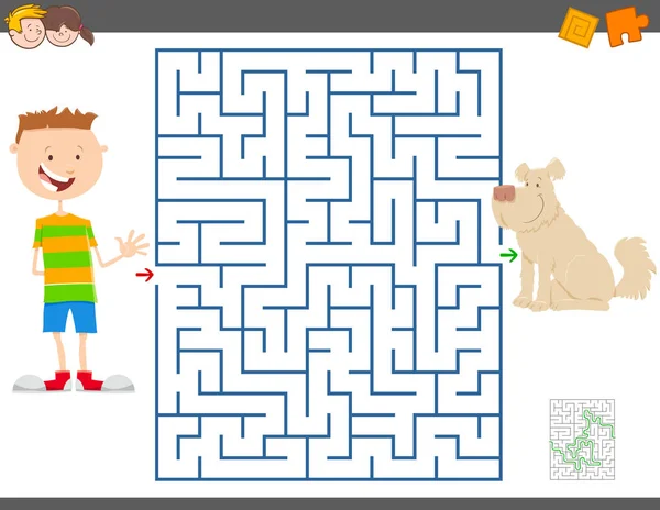 Labyrinth-Spiel mit Cartoon-Junge und seinem Hund — Stockvektor