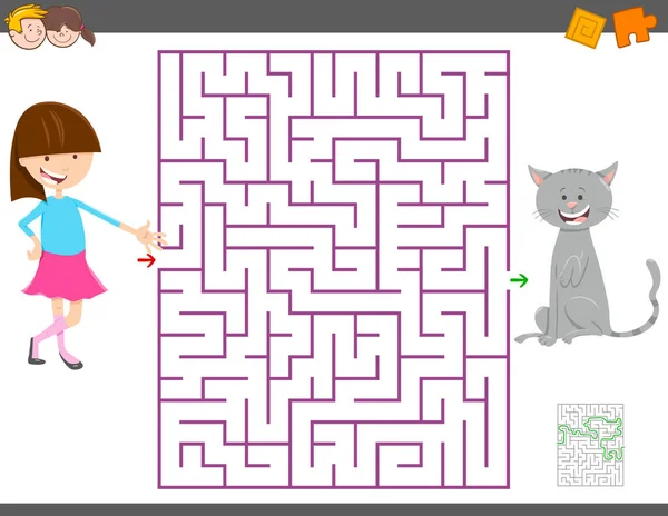 Jeu de labyrinthe avec fille de dessin animé et son chat — Image vectorielle