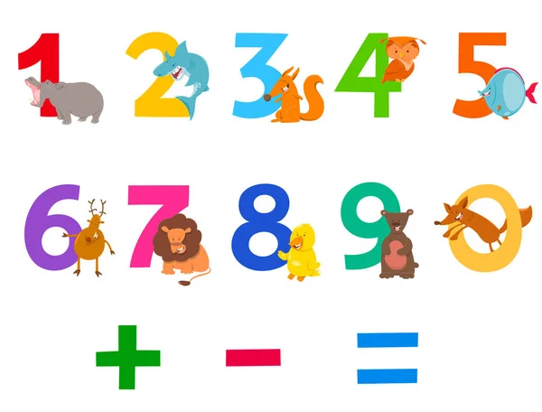 Números educacionais conjunto com animais de desenhos animados — Vetor de Stock