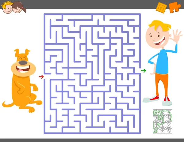 Labirinto gioco con ragazzo dei cartoni animati e il suo cane — Vettoriale Stock