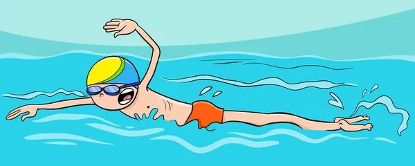Desenho animado menino personagem nadando na água — Vetor de Stock