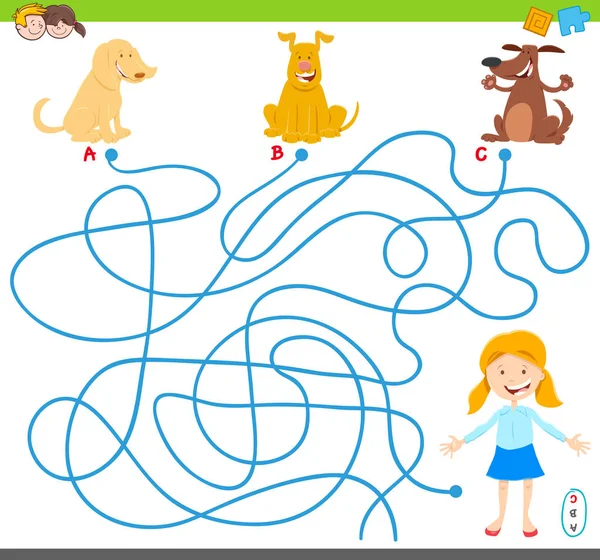 Παιχνίδι Maze με σκυλιά cartoon και κορίτσι — Διανυσματικό Αρχείο