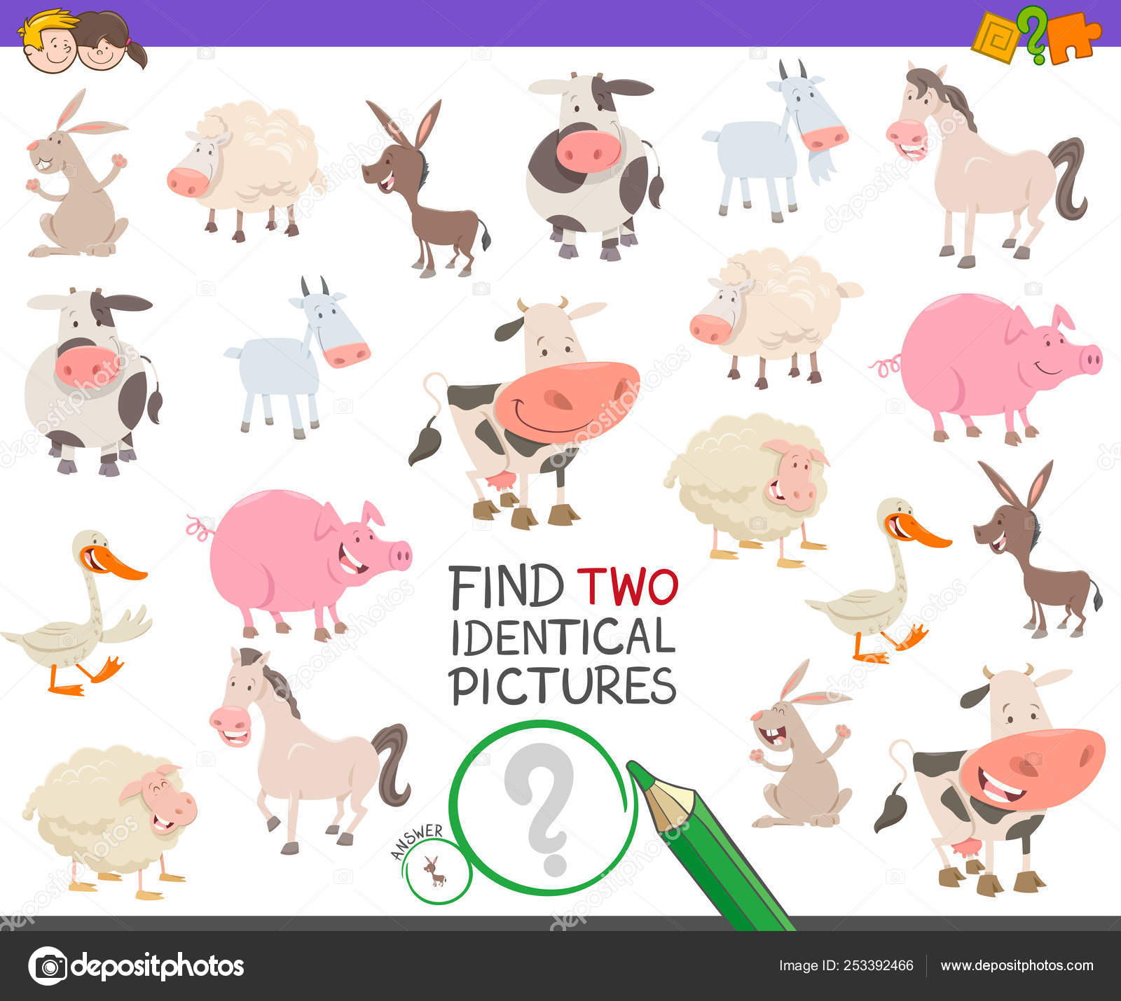 Find two identical farm animals task for kids Stock Vector Image by  ©izakowski #253392466