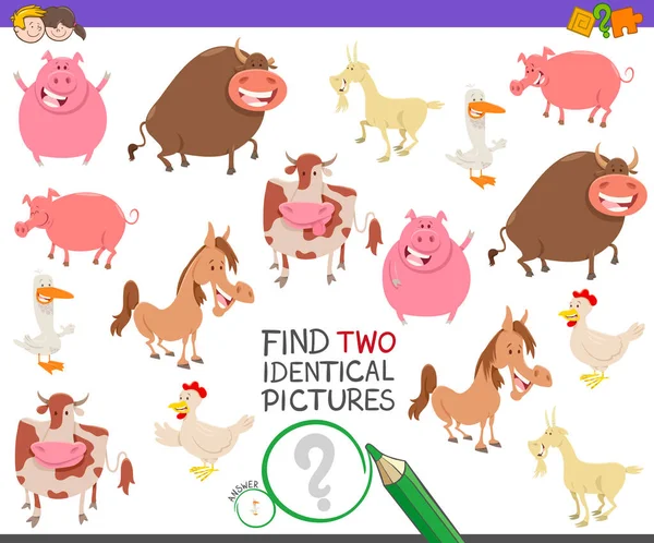Encontrar dos animales de granja idénticos juego para niños — Archivo Imágenes Vectoriales