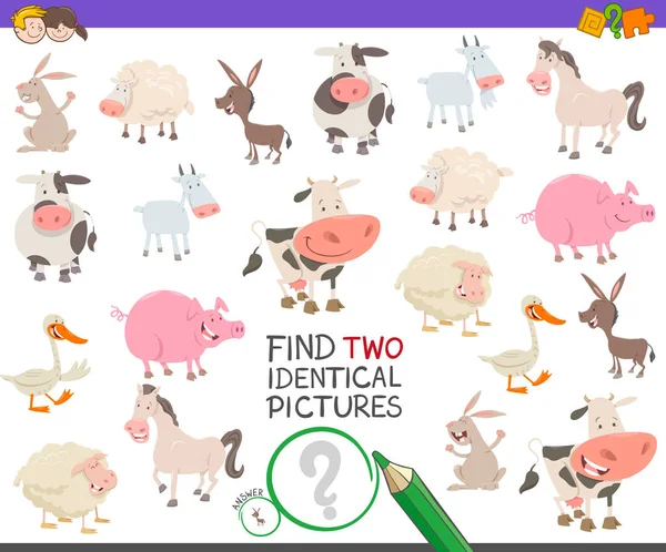 Trouver deux animaux de ferme identiques tâche pour les enfants — Image vectorielle