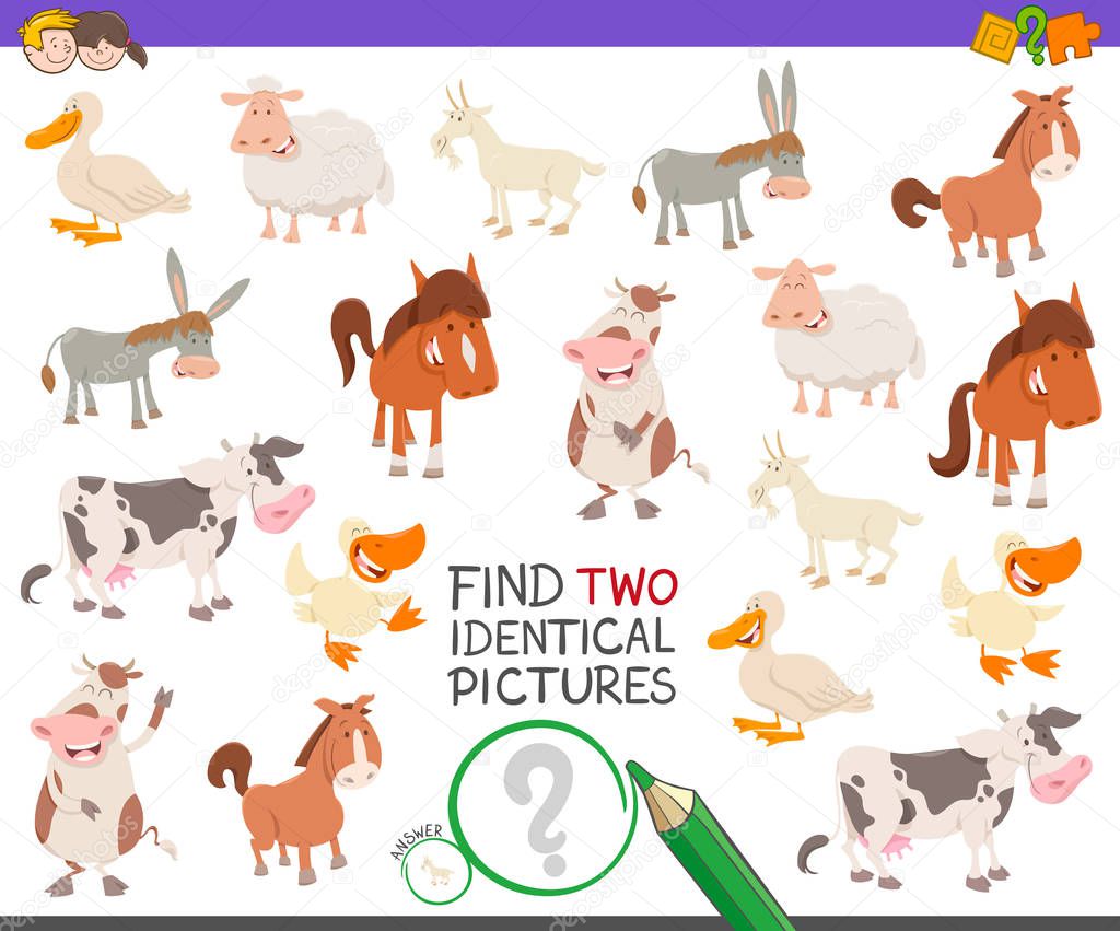 find two identical farm animals task for children