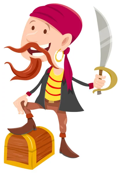 Pirata con ilustración de dibujos animados cofre tesoro — Vector de stock