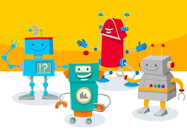 Funny robot personages groep cartoon illustratie — Stockvector