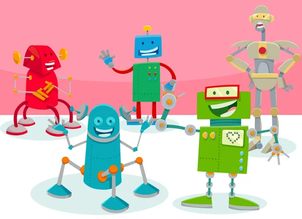 Feliz robot personajes grupo dibujos animados ilustración — Vector de stock