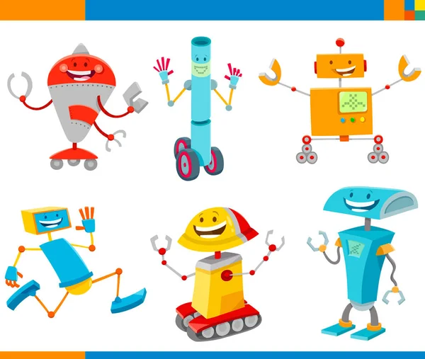 Cartoon vrolijke robots personages set — Stockvector