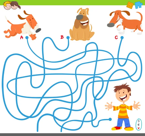 Labirinto jogo com desenhos animados cães e menino — Vetor de Stock