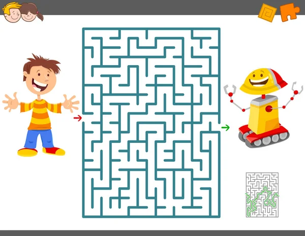 Labyrinth-Spiel mit Cartoon-Junge und Spielzeugroboter — Stockvektor