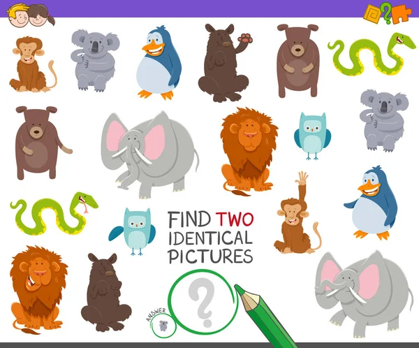 为孩子们找到两个相同的动物任务 — 图库矢量图片